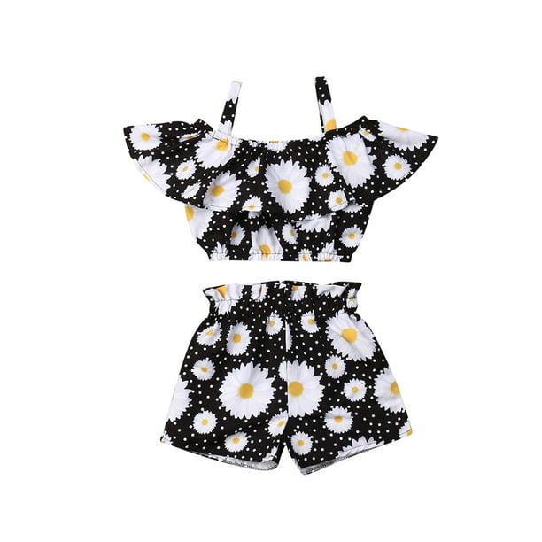 ACSUSS Kids Baby Girls 2 Pieces Floral Summer Outfits Ruffled Off Shoulder Crop Tops with High Waist Shorts 
